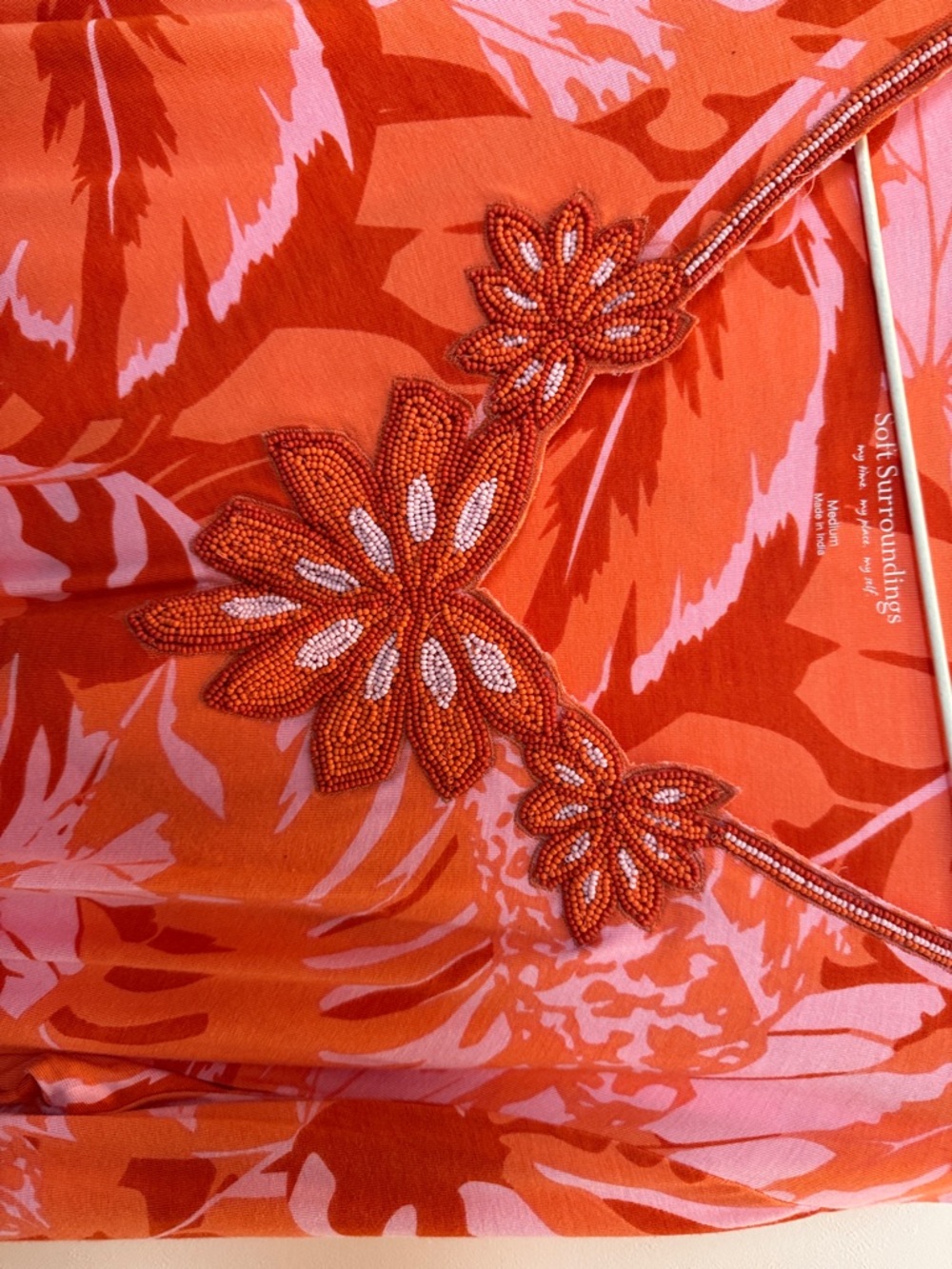 Soft Surroundings Gorgeous Embroidered Orange and Pink Beaded Floral Tunic